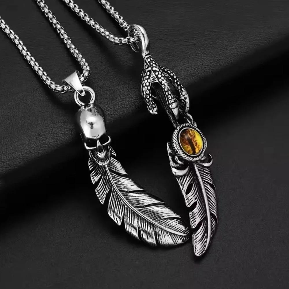 2 Pc Platinum Feathers W/ Skull & Eagle Eye & Talon Punk Bohemian Necklace Set